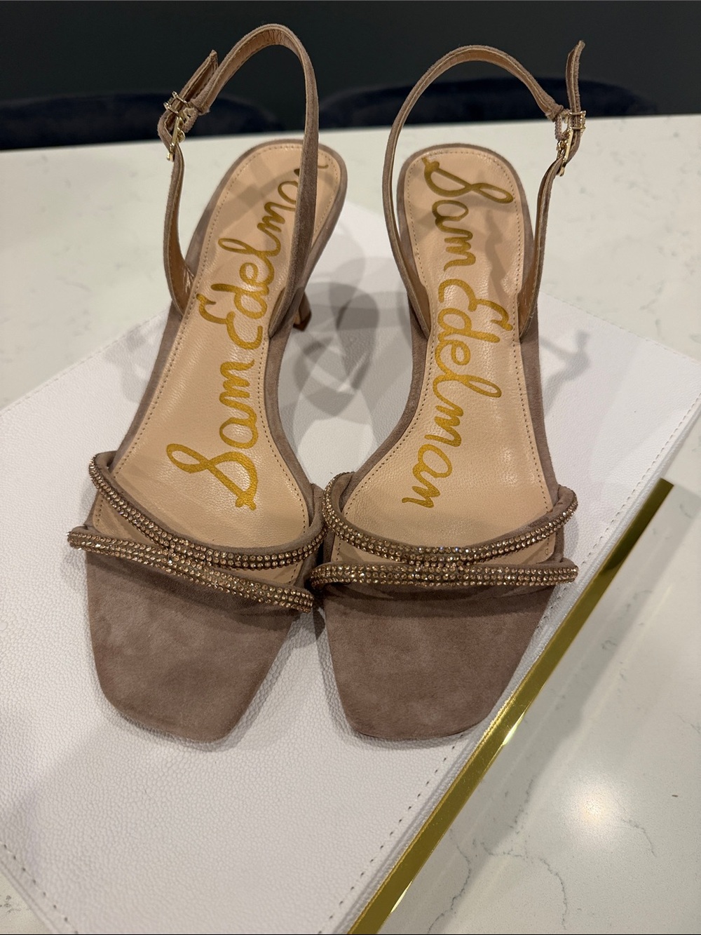 Sam Edelman Taupe Suede Crystal-Trim Slingback Heels.
